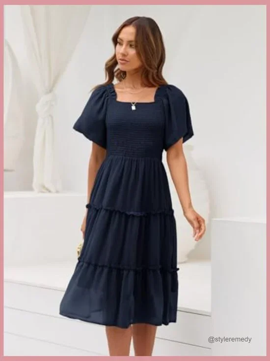 Flutter Sleeve Square Neck Smocked Midi Dress - Picture 3 of 6